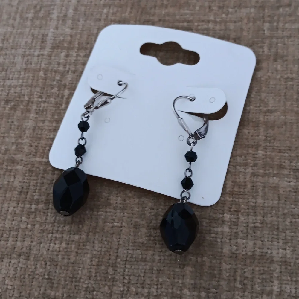 Silver Leverback Black Faceted Beaded Earrings